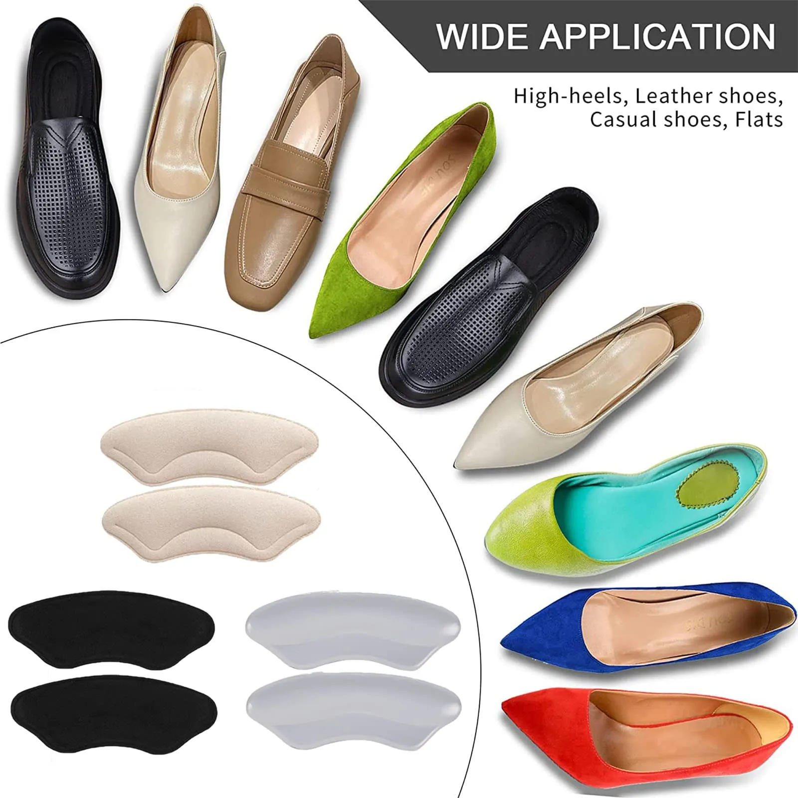 6 Pairs Heel Grips Pads for Loose Shoes Heel Pads and Metatarsal Pads for Shoes Too Big Women Men Prevent Heel Pain Blisters (Beige Blac Transparent Silicone)