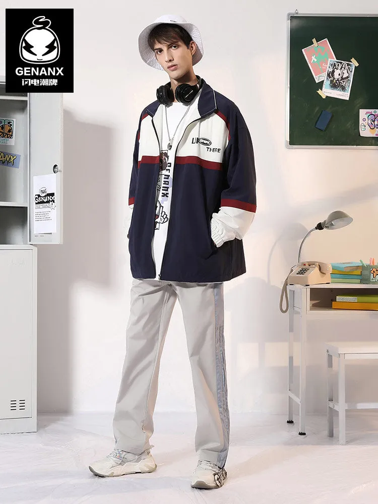 Contrasting color patchwork letter-printed stand-up collar with drawdown cuff stretch sleeve jacket
