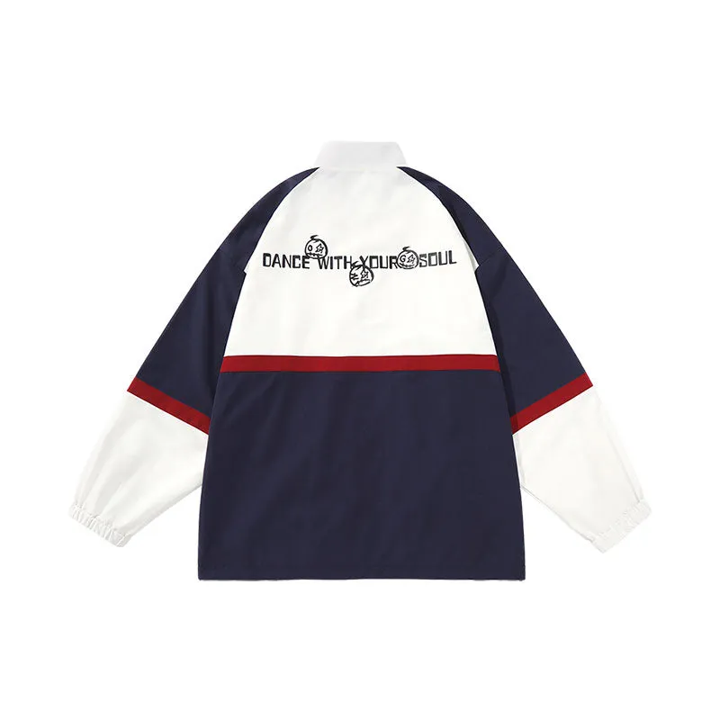 Contrasting color patchwork letter-printed stand-up collar with drawdown cuff stretch sleeve jacket