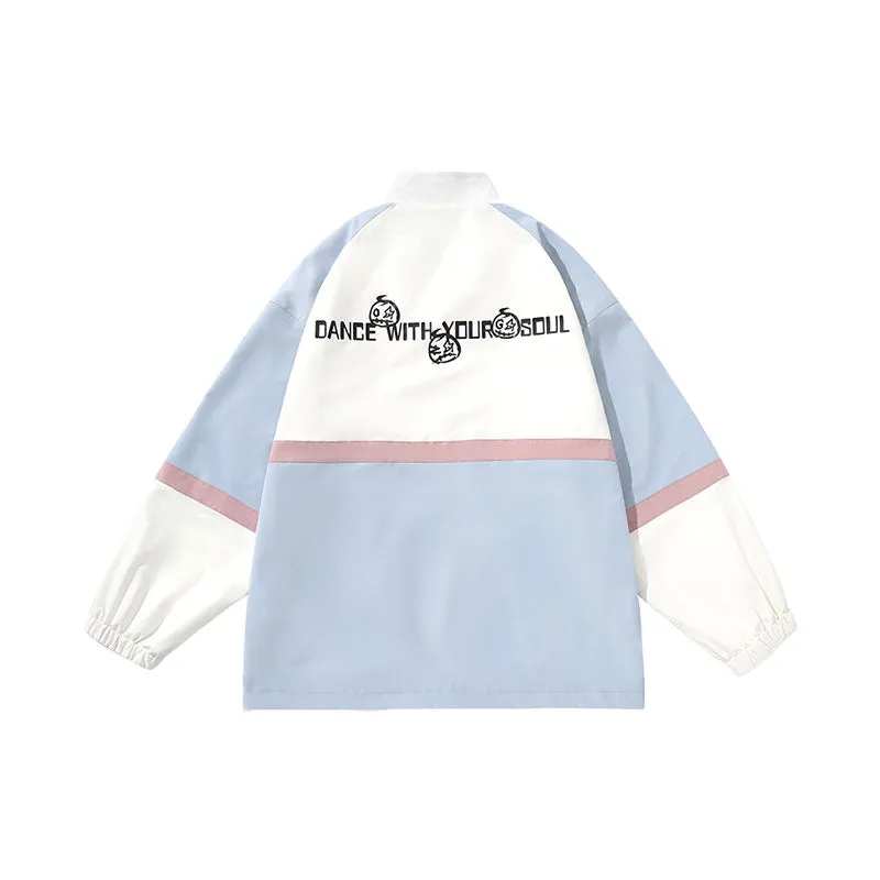Contrasting color patchwork letter-printed stand-up collar with drawdown cuff stretch sleeve jacket