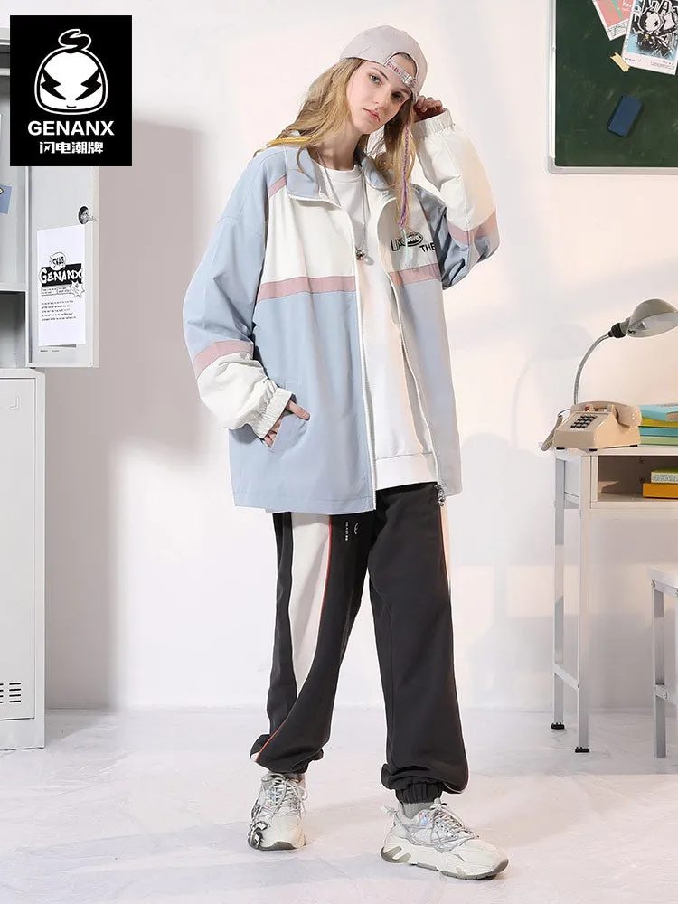 Contrasting color patchwork letter-printed stand-up collar with drawdown cuff stretch sleeve jacket