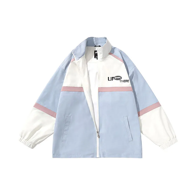 Contrasting color patchwork letter-printed stand-up collar with drawdown cuff stretch sleeve jacket
