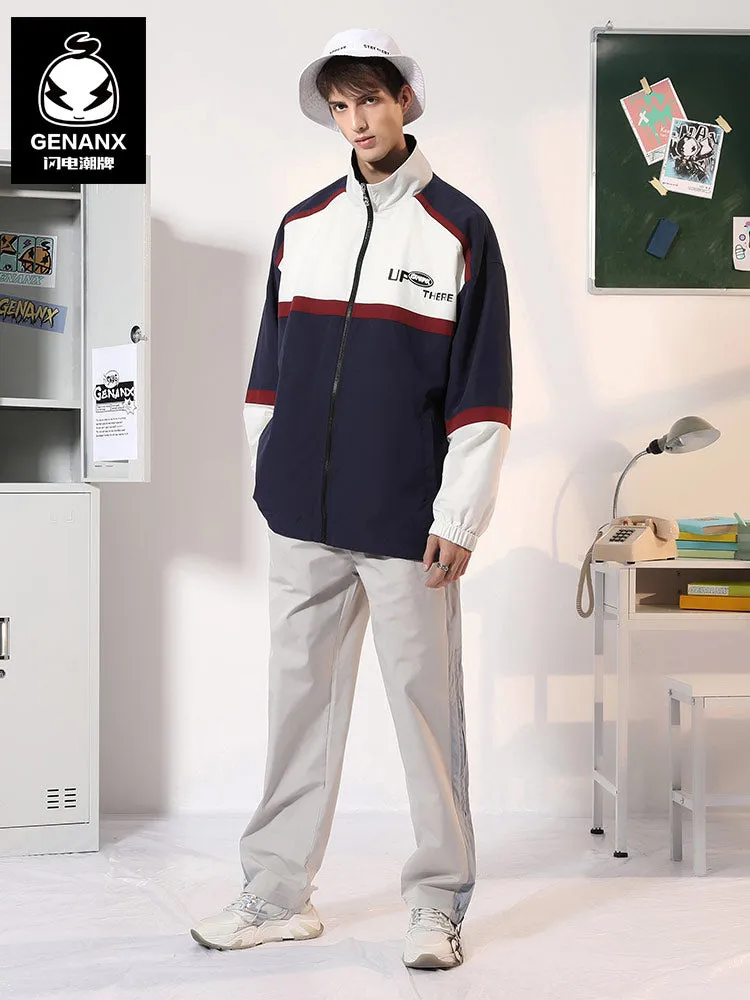 Contrasting color patchwork letter-printed stand-up collar with drawdown cuff stretch sleeve jacket