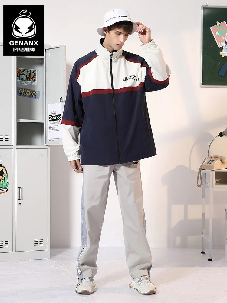 Contrasting color patchwork letter-printed stand-up collar with drawdown cuff stretch sleeve jacket