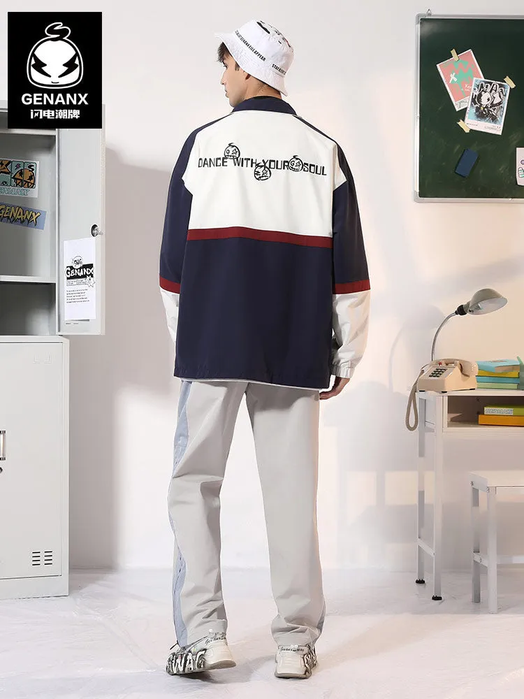 Contrasting color patchwork letter-printed stand-up collar with drawdown cuff stretch sleeve jacket