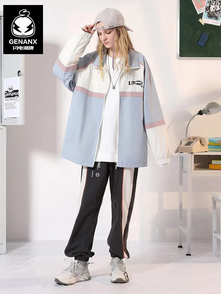 Contrasting color patchwork letter-printed stand-up collar with drawdown cuff stretch sleeve jacket