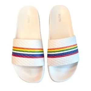 Michael Kors Gilmore Womens Slides White Leather Rainbow Sandals