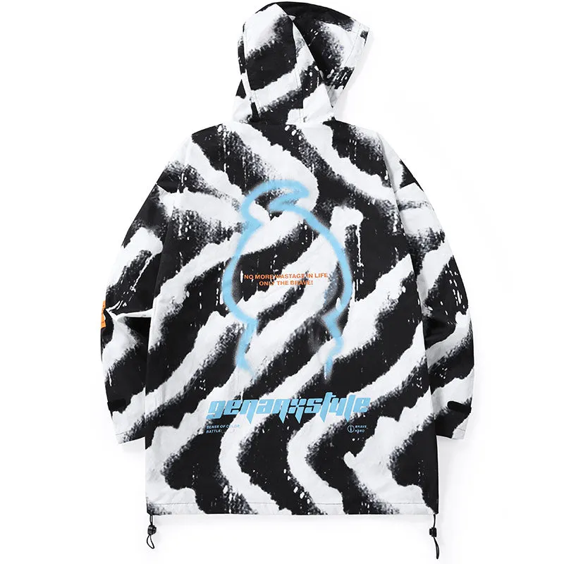 Zebra-Print 3D Patch Pocket Cuff Sleeves Couple Hooded Jacket
