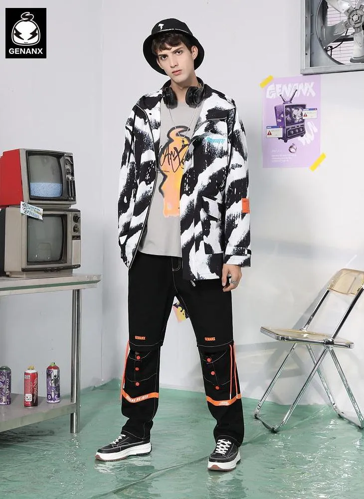 Zebra-Print 3D Patch Pocket Cuff Sleeves Couple Hooded Jacket
