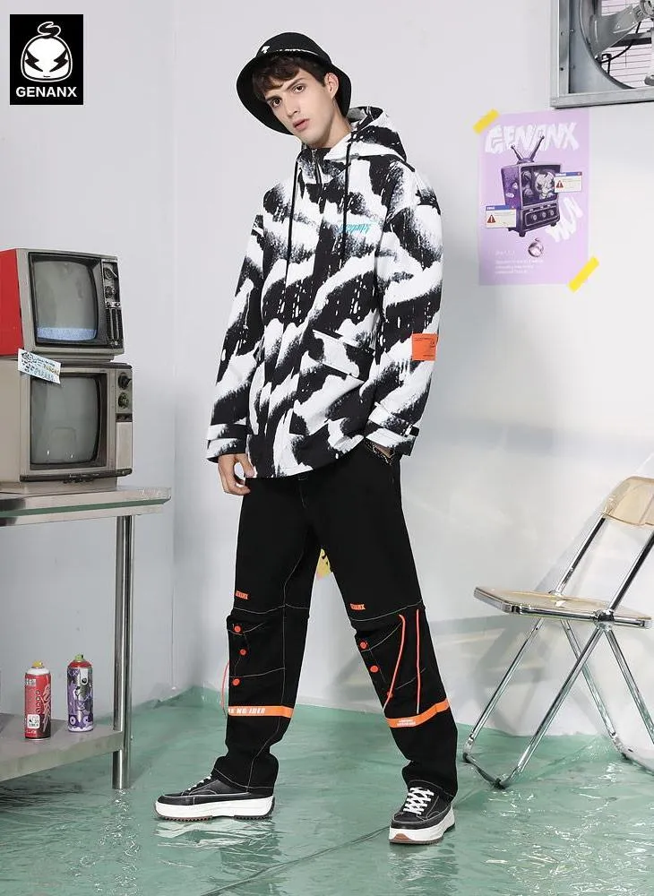 Zebra-Print 3D Patch Pocket Cuff Sleeves Couple Hooded Jacket