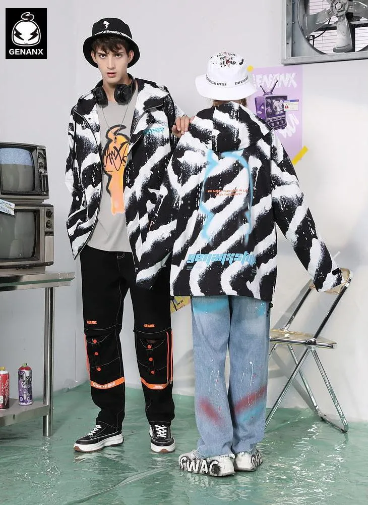 Zebra-Print 3D Patch Pocket Cuff Sleeves Couple Hooded Jacket