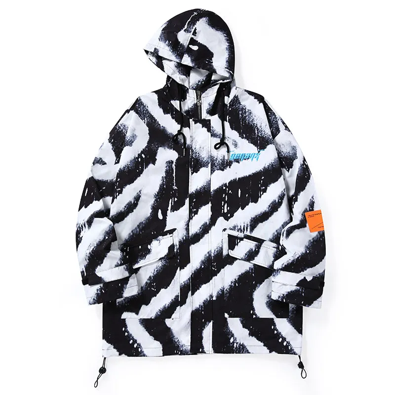 Zebra-Print 3D Patch Pocket Cuff Sleeves Couple Hooded Jacket